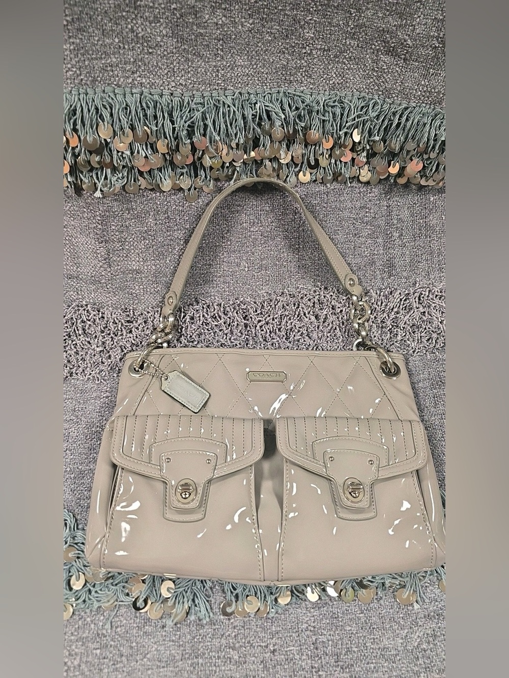 Neutral Quilted Patent Shoulder Bag